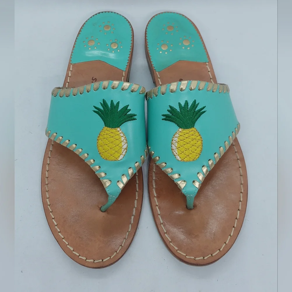 Jack Rogers Sandals Embroidered Pineapple Turquoise Leather Women's Size 9
